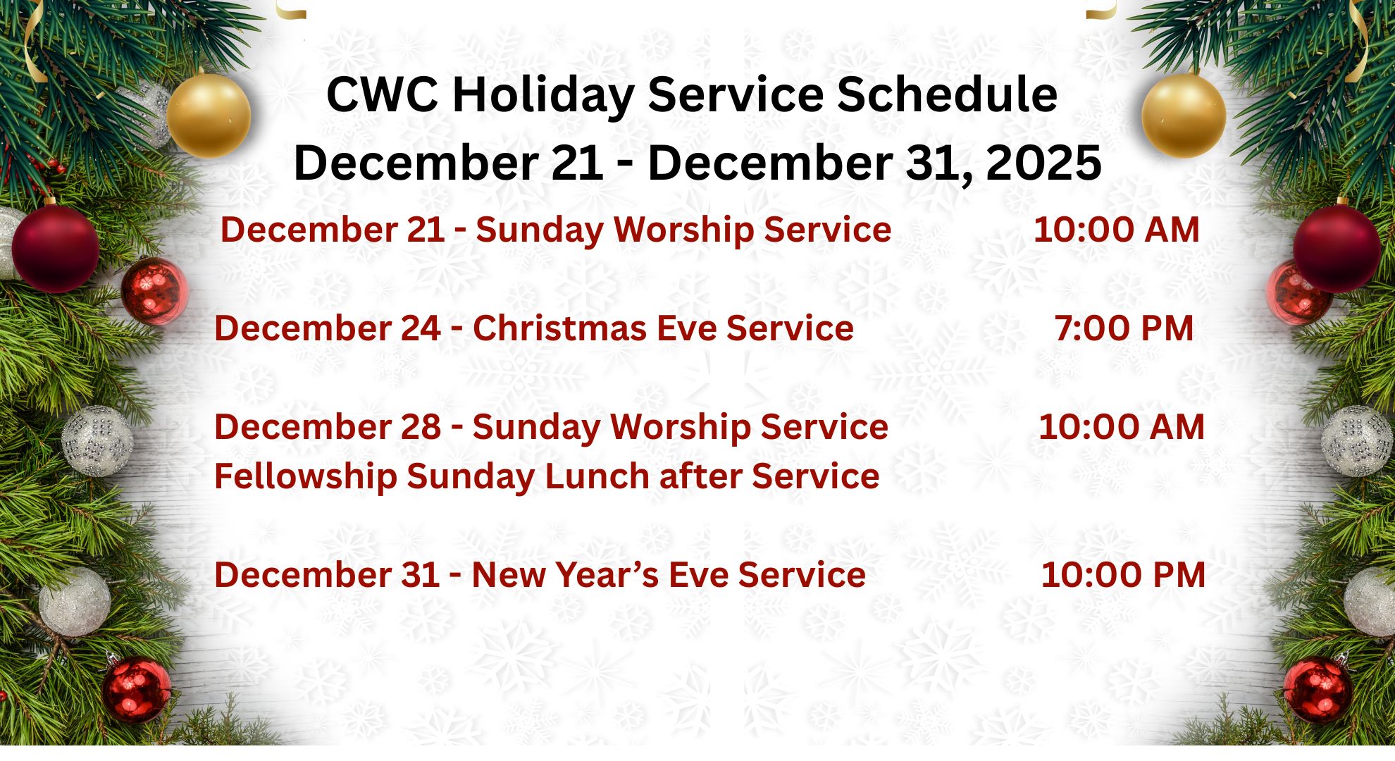 CWC Holiday Service Schedule